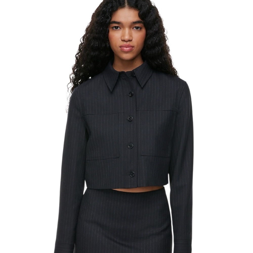 WILFRED CLASSIC PINSTRIPES NAVY LITTLE CROPPED JACKET BLAZER NWOT
